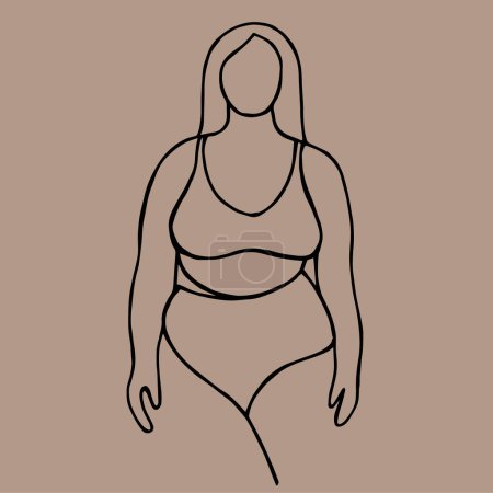 Téléchargez les illustrations : Illustration vectorielle d'une femme dodue, art linéaire. symbole de positivité du corps, grosse fille - en licence libre de droit