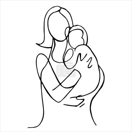 Illustration for Abstract linear drawing of a woman holding a child in her arms. motherhood theme, outline vector illustration - Royalty Free Image