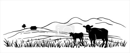 landscape pasture with cows. black and white drawing in sketch style, engraving. farm