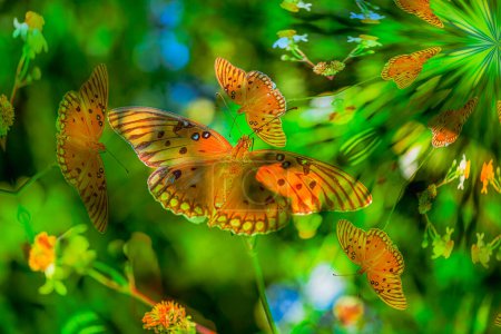 "Kaleidoskop der Natur: Ein faszinierender Schmetterling flattert inmitten einer Spirale leuchtender Farben vor einer üppig grünen Vegetationskulisse und schafft eine fesselnde Symphonie natürlicher Schönheit."