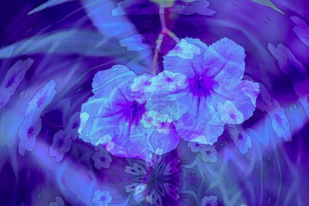 "Florales Kaleidoskop: Eine fesselnde Abstraktion entsteht, wenn zwei leuchtend violette Blüten ineinander greifen und einen faszinierenden Kaleidoskopeffekt erzeugen, der die Schönheit der Symmetrie der Natur feiert."