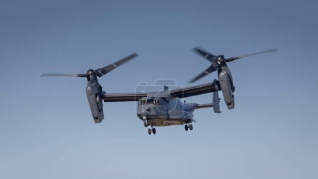 Photo for Fairford, UK - 14th July 2022: USAF military aircraft Bell/Boeing MV-22B Osprey in flight landing at airfield - Royalty Free Image