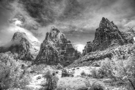 Foto de Nieve fresca ha caído en la Corte de los Patriarcas en Zion Canyon en el Parque Nacional Zion, Utah - Imagen libre de derechos