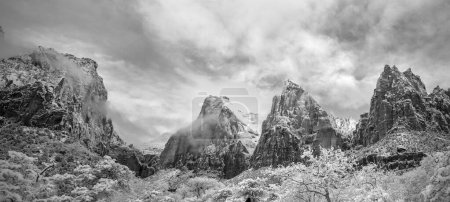 Fresh snow has fallen at the Court Of The Patriarchs  in Zion Canyon at at Zion National Park, Utah