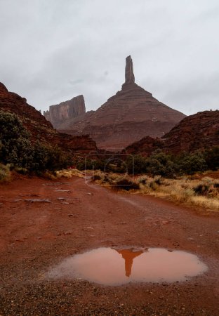 The Castleton Tower is reflected in a puddle right after a rainstorm passed through Castle Valley and the Moab, Utah area.