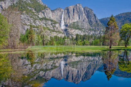 Les chutes Yosemite se reflètent dans les eaux de la rivière Merced au parc national Yosemite, en Californie