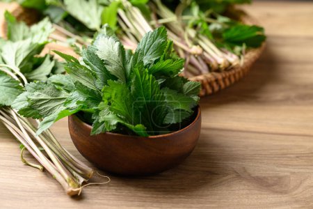 White mugwort in bowl on wooden background, Organic Asian vegetables and herbal medicine