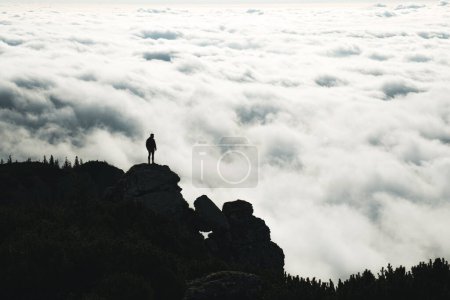 Téléchargez les photos : High angle silhouette view of climber standing on rock on mountain summit and looking at view. Spectacular scenery with hiker above the clouds. Succes and achievement concept - en image libre de droit