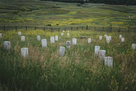 Photo for Tombstones marking the graves of fallen US soldiers at the Battle of Little Bighorn, George Armstrong Custer's grave in the center - Royalty Free Image