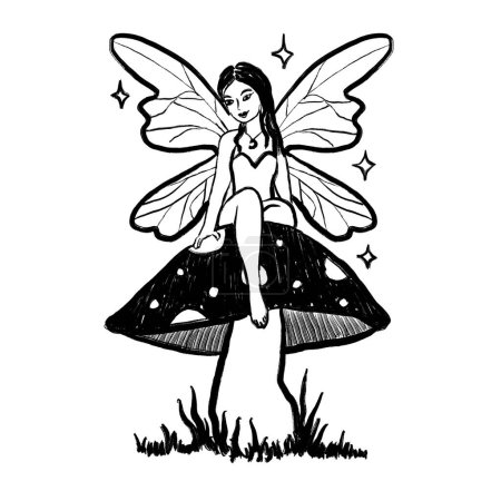 Jolie fée assise sur un champignon, ailes de paillettes blanches, elfe de caractère folklorique, champignons magiques empoisonnés amanita conte de fées. Illustration de croquis à l'encre monocrome blanche noire, dessin minimaliste avec simple