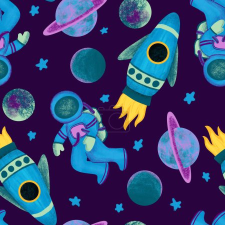 Photo for Hand drawn seamless pattern of outer space galaxy astronaut in purple blue colors. Stars planet asteroid comet saturn moon fabric print for boys nursery decoration spaceship alien ship art - Royalty Free Image