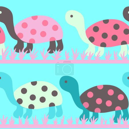 Photo for Hand drawn seamless pattern with cute sea turtle tortoise, pink blue flowers, print for kids children nursery decor, funny animal with polka dot shells, simple minimalist style - Royalty Free Image