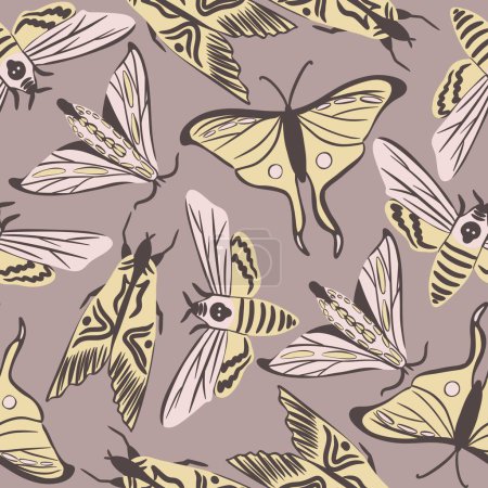 Photo for Hand drawn seamless pattern of moths butterflies in pink beige brown colors. Neutral pastel butterfly design, trendy style in faded vintage print, luna moth death head insects bugs, nature realistic - Royalty Free Image