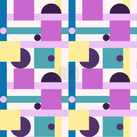 Patrón sin costura dibujado a mano en estilo geométrico abstracto, azul púrpura turquesa formas amarillas cuadrados líneas círculos. Impresión bauhaus moderna de mediados de siglo, 60 años 70 cartel decoración de papel pintado, colorido brillante