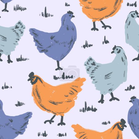 Foto de Dibujado a mano lindo patrón inconsútil de pollo de gallina azul anaranjado sobre fondo pastel Diseño divertido para niños vivero, aves de corral de aves de corral de animales domésticos, huevos de Pascua concepto impresión de primavera. Decoración de cocina - Imagen libre de derechos