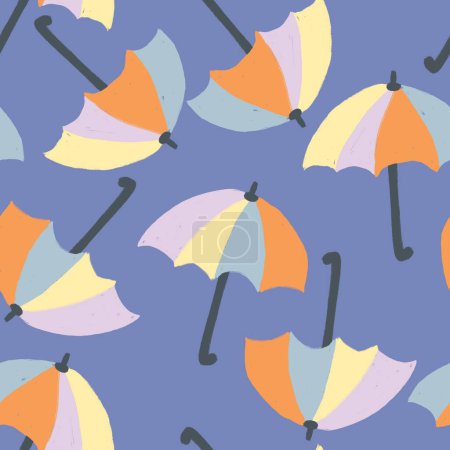 Photo for Hand drawn seamless pattern with orange yellow umbrellas on blue background. Rain fall weather rain, april showers design, funny cartoon seasonal print, spring illustration elements, fabric fashion - Royalty Free Image
