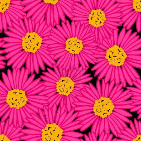Hand drawn seamless pattern with hot hyper pink daisy flowers on black background. Bright colorful retro vintage print design, 60s 70s floral art, nature plant bloom blossom