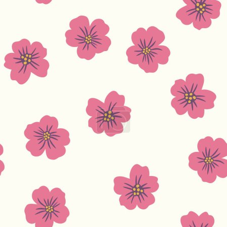 Hand drawn seamless pattern of tiny ditsy flowers. Pink floral print on light pastel ecru background, vintage retro minimalist style, small daisy nature art, spring summer garden five petals