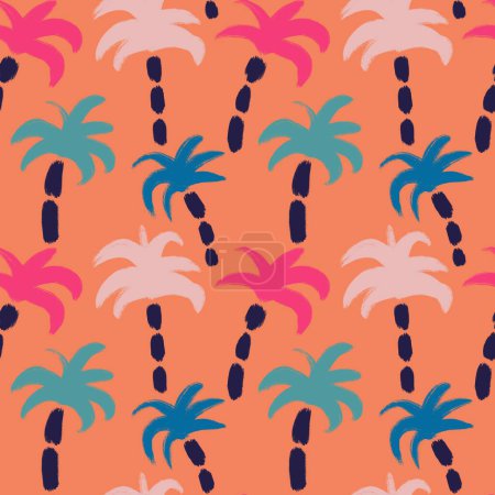 Foto de Patrón sin costura dibujado a mano con palmeras azules rosadas sobre fondo naranja. Estampado de verano de playa de isla tropical, diseño de paisaje de cocoteros costeros, arte brillante de y2k - Imagen libre de derechos