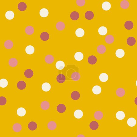 Hand drawn seamless pattern with beige marsala geometric circles on vintage yellow. Large abstract polka dot round shapes, minimalist mid century modern style, neutral retro vintage style, fashion