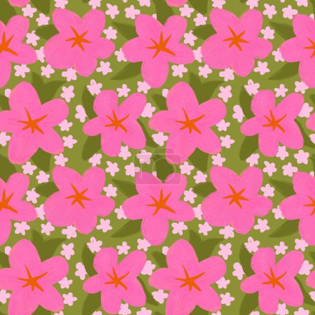 Photo for Hand drawn seamless pattern with pink green shabby chic flower floral elements lines dots leaves, ditsy summer spring botanical nature print, bloom blossom stylized petals - Royalty Free Image