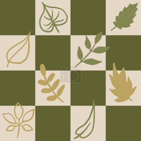 Hand drawn seamless pattern with forest tree leaves on checks checkered checkerboard background. Beige sage green grass squares, geometric natural neutral calm print, wood woodland art
