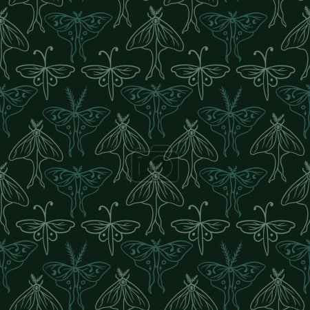 Photo for Hand drawn seamless pattern of moths butterflies in dark sage green colors. Neutral pastel butterfly design, trendy style in faded vintage print, luna moth death head insects bugs, nature realistic - Royalty Free Image