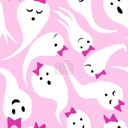 Photo for Hand drawn seamless pattern with Halloween ghosts cute pink background. Cute funny fall autumn print, scary creery horror spooky illsutration monster party decor - Royalty Free Image