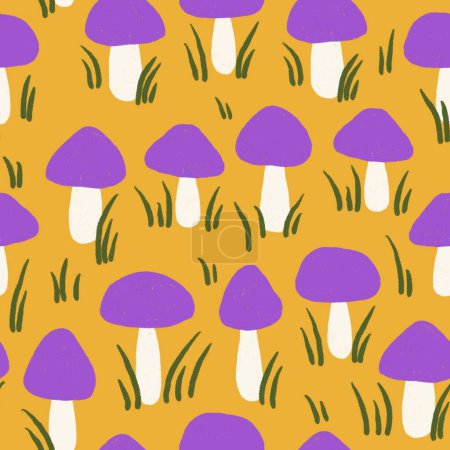 Hand drawn seamless pattern with forest mushroom fungi in pirple yellow leaves on yellow background. Toadstool toxic fungi caps poisonous herbs wood woodland, witch concept, fall autumn flora