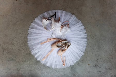 Top view of complete ballet ensemble, with tutu, feathered bodice, and pointe shoes, arranged on stark concrete surface, evoking sense of poised elegance.