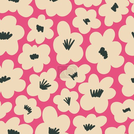 Ilustración de Aesthetic Contemporary printable seamless pattern with retro groovy flowers. Decorative Naive 60's, 70's style Vintage boho background in minimalist mid century style for fabric, wallpaper or wrapping - Imagen libre de derechos