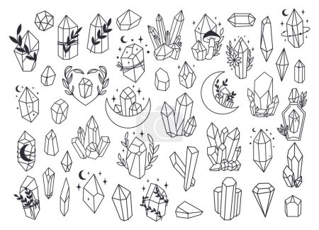 Illustration for Set of Mystical line art esoteric crystals, gem stones, diamonds, jewelry minimalist print. Boho astrology hand draw illustration. Magic doddle for T-shirts and bags, tatoo decor element - Royalty Free Image