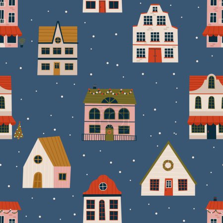 Ilustración de Feliz Navidad y Feliz Año Nuevo patrón sin costuras con varias casas pequeñas. Dibuja ilustraciones a mano modernas. Arte contemporáneo colorido - Imagen libre de derechos