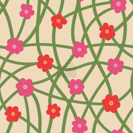 Illustration for Aesthetic Contemporary printable seamless pattern with retro groovy flowers. Decorative Naive 60's, 70's style Vintage boho background in minimalist mid century style for fabric, wallpaper or wrapping - Royalty Free Image