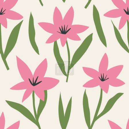 Illustration for Aesthetic Contemporary printable seamless pattern with retro groovy flowers. Decorative Naive 60's, 70's style Vintage boho background in minimalist mid century style for fabric, wallpaper or wrapping - Royalty Free Image