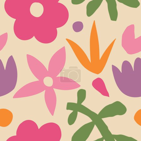 Téléchargez les illustrations : Aesthetic Contemporary printable seamless pattern with retro groovy flowers. Decorative Naive 60's, 70's style Vintage boho background in minimalist mid century style for fabric, wallpaper or wrapping - en licence libre de droit
