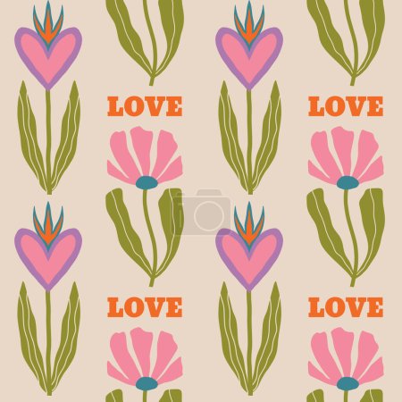 Illustration for Aesthetic Retro Romantic printable groovy hearts seamless pattern. Decorative Hippie Naive 60's, 70's style Vintage modern background in minimalist style for fabric, wallpaper or wrapping - Royalty Free Image