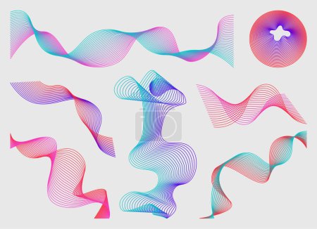 Illustration for Set of Abstract geometric shapes trending futuristic line design elements, infographic shapes. Modern trendy retro futurism digital vaporwave. Retrofuturistic Vector illustration for UI and UX - Royalty Free Image