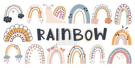 Illustration for Set of cute hand draw rainbow, sun, cloud, star, weather in boho style. Cartoon doodle clipart elements for nursery. Design for shower invitation card, birthday, children's party, book cover, poster - Royalty Free Image