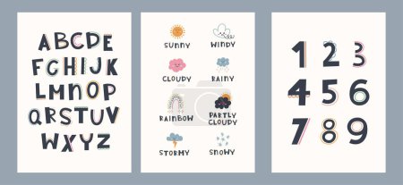 Illustration for Cute hand drawn posters with rainbow, weather, education elements in boho style. Cartoon doodle print with Numbers and Alphabet for nursery. Design for card, label, brochure, book cover, poster, flyer, banner - Royalty Free Image