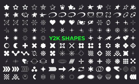 Ilustración de Conjunto de formas geométricas abstractas Y2k tendencia elementos de diseño futurista retro, formas infográficas. Concepto moderno de moda con símbolos y objetos. Ilustración vectorial retrofuturista para IU y UX - Imagen libre de derechos