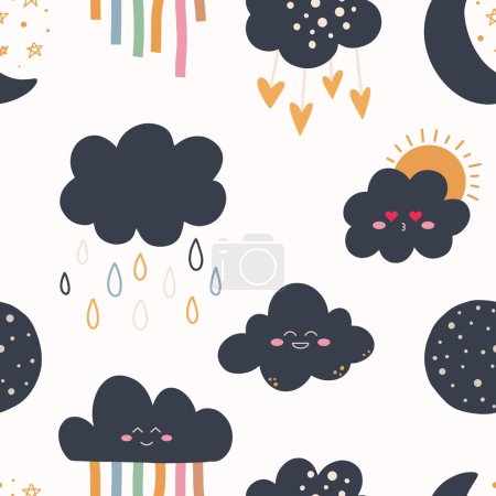 Illustration for Cute hand drawn seamless pattern in boho style. Cartoon doodle print for nursery. Design for shower invitation card, birthday, children's party, book cover, poster - Royalty Free Image