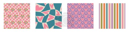 Téléchargez les illustrations : Aesthetic Retro Romantic printable groovy hearts seamless pattern. Decorative Hippie Naive 60's, 70's style Vintage modern background in minimalist style for fabric, wallpaper or wrapping - en licence libre de droit