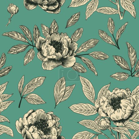 Illustration for Abstract modern floral seamless pattern with hand drawn flower in Toile de jouy style. Retro elegance repeat print. Vintage design for fabric, wallpaper or wrapping - Royalty Free Image
