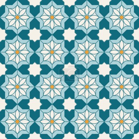 Téléchargez les illustrations : Mosaïque géométrique arabe motif sans couture imprimable avec impression marocaine abstraite dans les couleurs bleu et orange. Ramadan Kareem Art islamique traditionnel Illustration de fond - en licence libre de droit