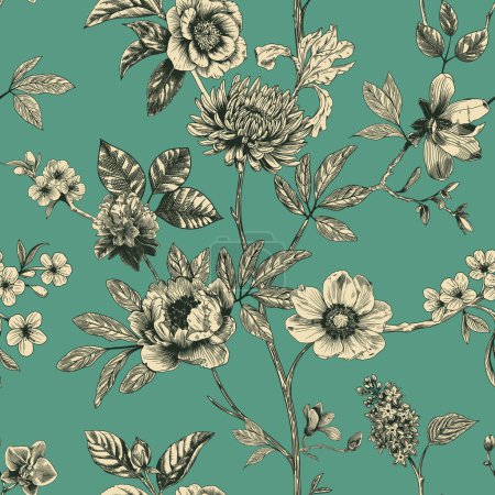Illustration for Abstract modern floral seamless pattern with hand drawn flower in Toile de jouy style. Retro elegance repeat print. Vintage design for fabric, wallpaper or wrapping. - Royalty Free Image