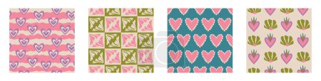 Ilustración de Aesthetic Retro Romantic printable groovy hearts seamless pattern. Decorative Hippie Naive 60's, 70's style Vintage modern background in minimalist style for fabric, wallpaper or wrapping - Imagen libre de derechos