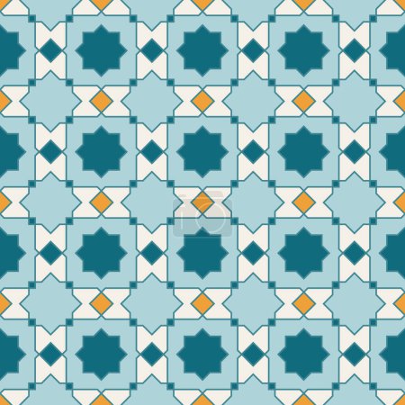 Téléchargez les illustrations : Mosaïque géométrique arabe motif sans couture imprimable avec impression marocaine abstraite dans les couleurs bleu et orange. Ramadan Kareem Art islamique traditionnel Illustration de fond - en licence libre de droit