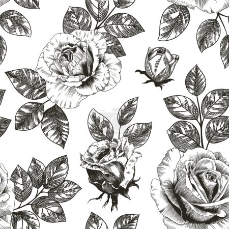 Illustration for Abstract modern floral seamless pattern with hand drawn flower in Toile de jouy style. Retro elegance repeat print. Vintage design for fabric, wallpaper or wrapping. - Royalty Free Image
