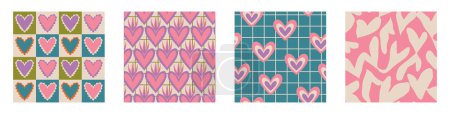 Illustration for Aesthetic Retro Romantic printable groovy hearts seamless pattern. Decorative Hippie Naive 60's, 70's style Vintage modern background in minimalist style for fabric, wallpaper or wrapping - Royalty Free Image